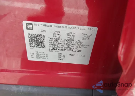 2022 Chevrolet Equinox Fwd Rs из США, поврежденный, VIN 3GNAXMEV3NS119602